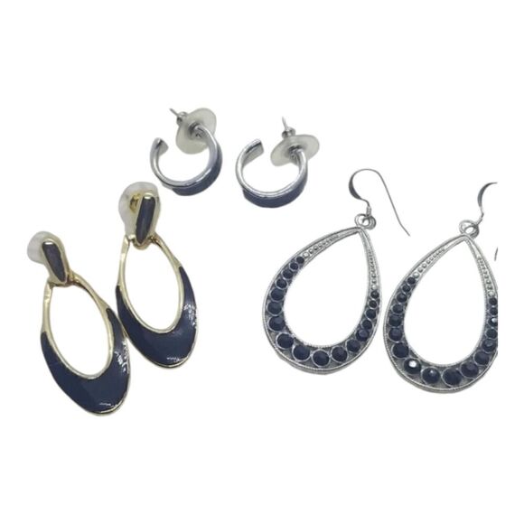 Jewelry - Hoop Earrings 3 Pairs Black Hoop Silver Gold Crystal Earrings